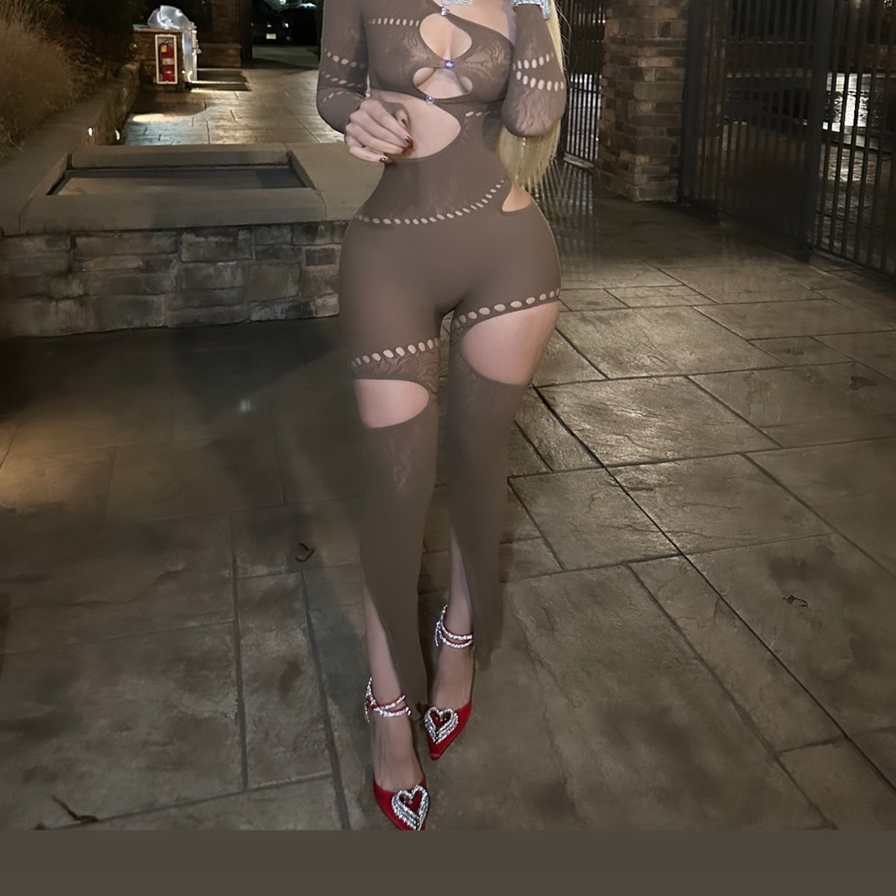 Brown Sheer Cutout Jumpsuit